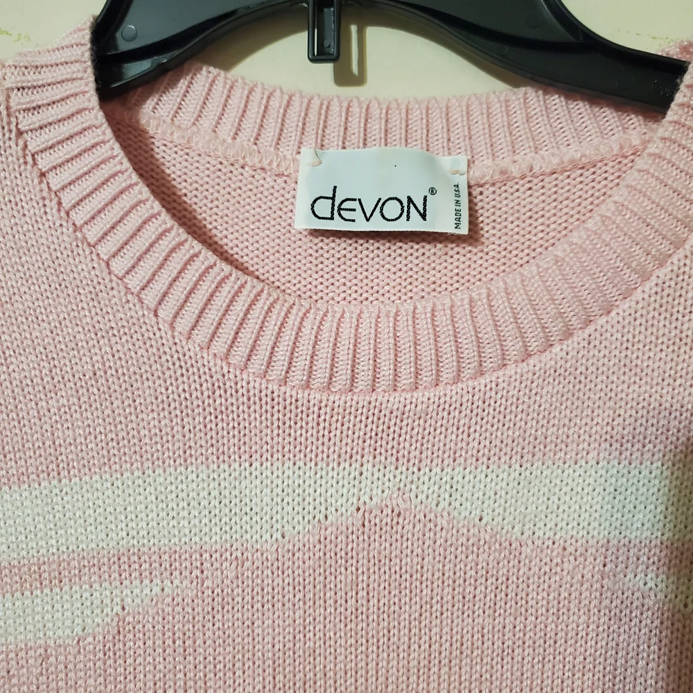 Vintage Pink & White Geometric Print Preppy Short Sleeve Sweater Argyle Retro M - Picture 3 of 4